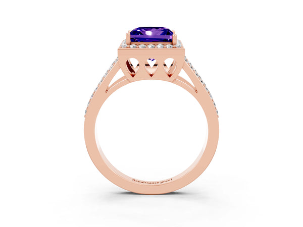 Rose gold Princess Cut Tanzanite Halo Ring with Split Shank U-Prong Band and Four-Prong Setting