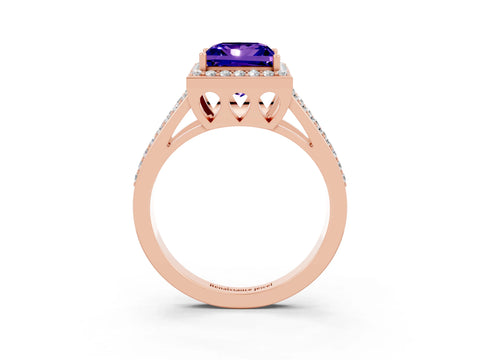 Rose gold Princess Cut Tanzanite Halo Ring with Split Shank U-Prong Band and Four-Prong Setting_3