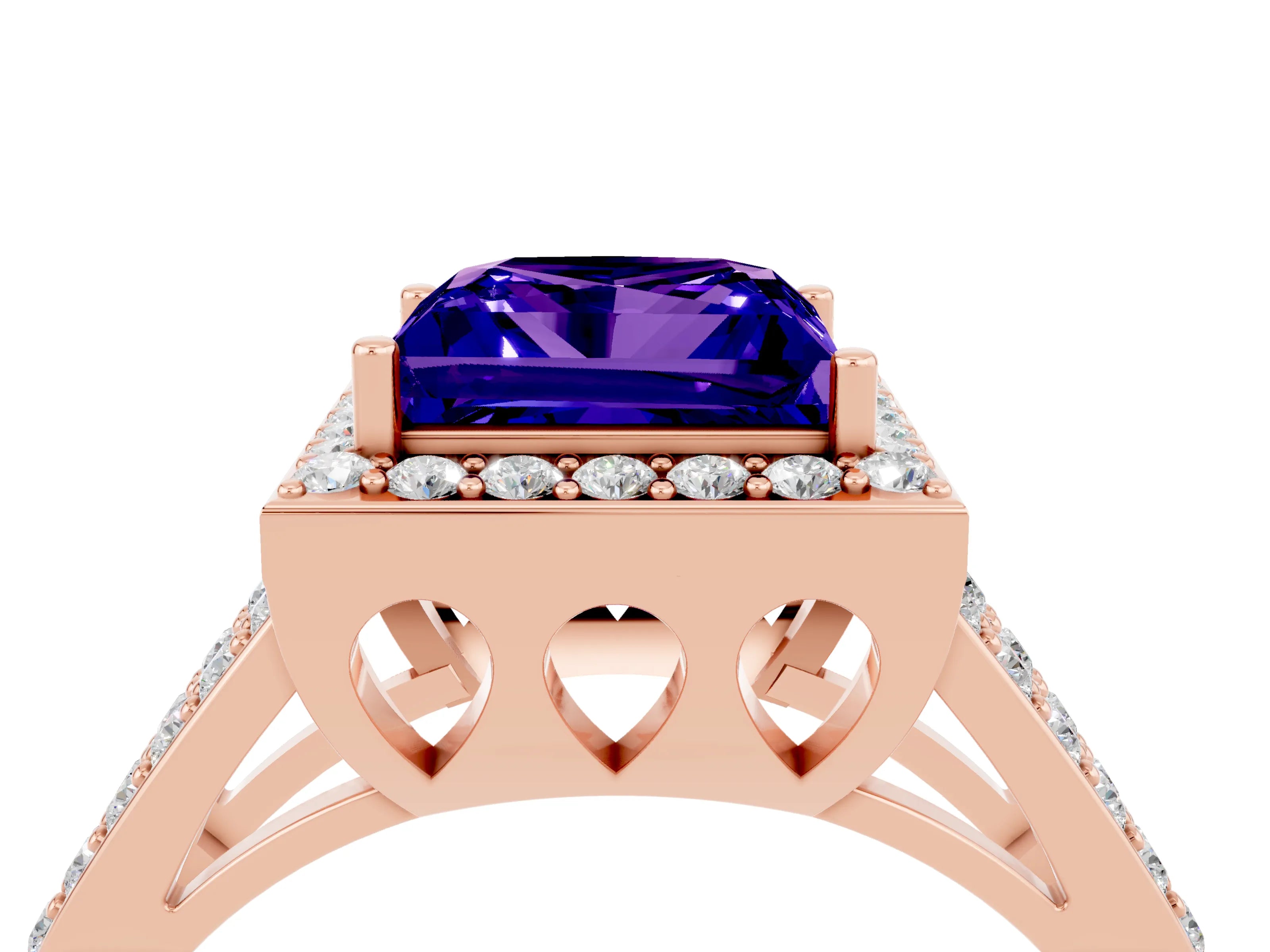 Rose gold Princess Cut Tanzanite Halo Ring with Split Shank U-Prong Band and Four-Prong Setting_4