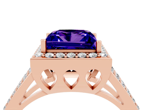 Rose gold Princess Cut Tanzanite Halo Ring with Split Shank U-Prong Band and Four-Prong Setting_4