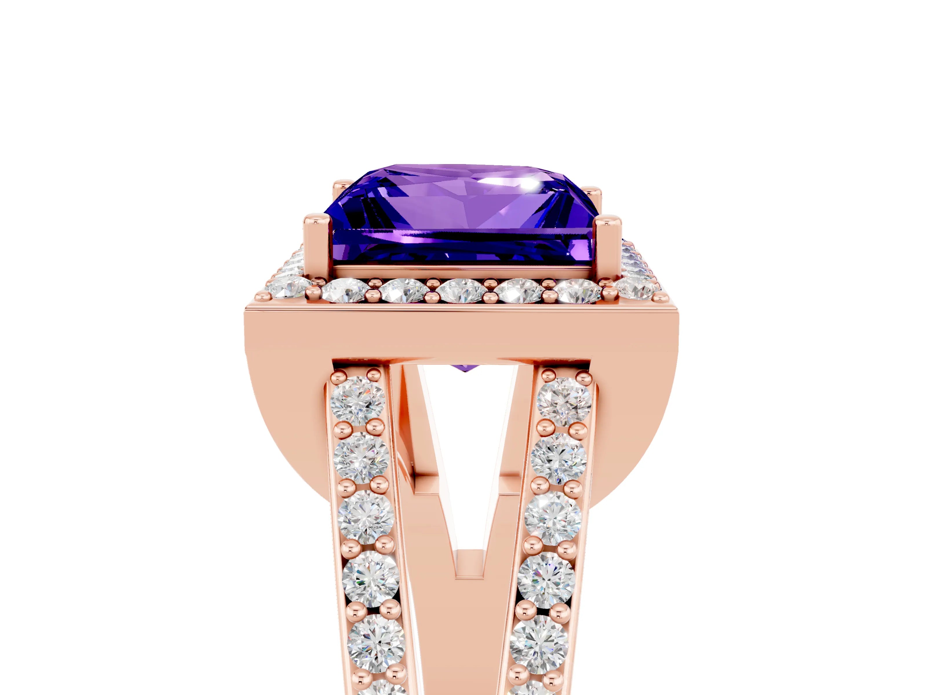 Rose gold Princess Cut Tanzanite Halo Ring with Split Shank U-Prong Band and Four-Prong Setting_5