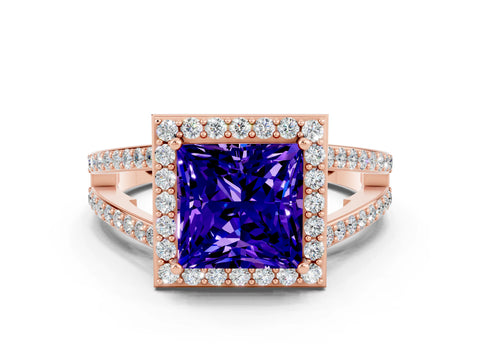 Rose gold Princess Cut Tanzanite Halo Ring with Split Shank U-Prong Band and Four-Prong Setting
