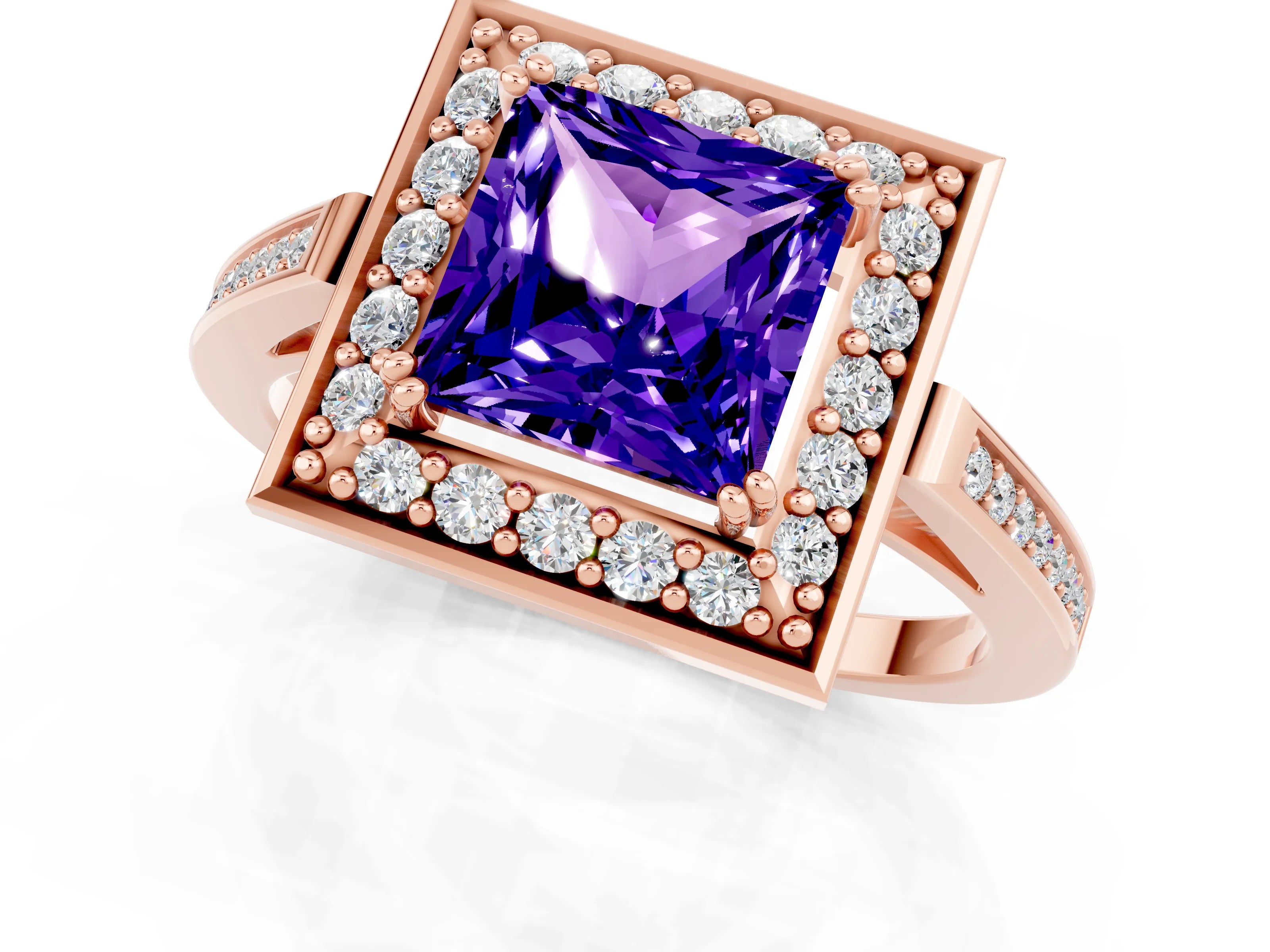 Rose gold Princess Cut Tanzanite Halo Ring with Split Shank and Four-Prong Setting_1