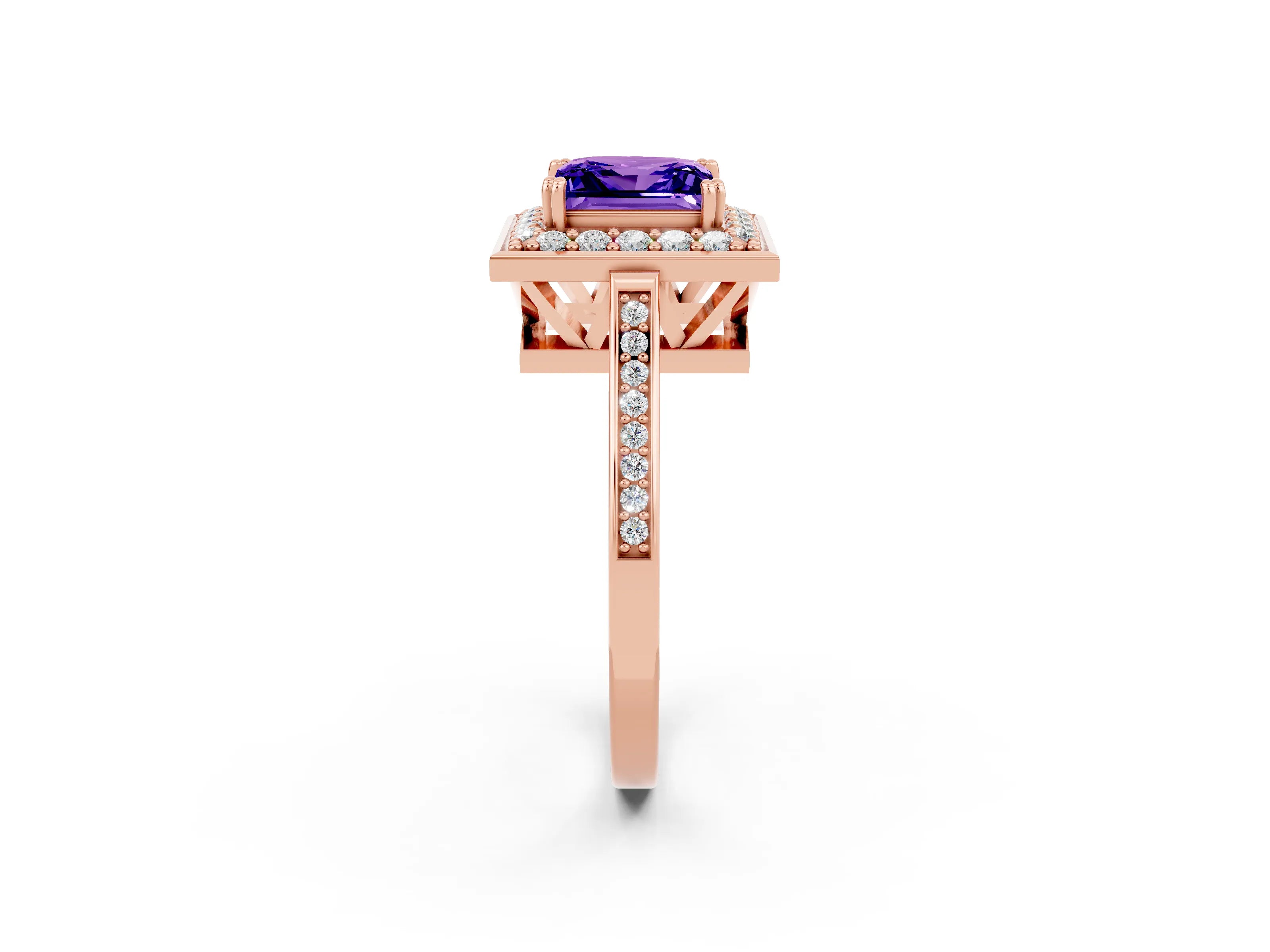 Rose gold Princess Cut Tanzanite Halo Ring with Split Shank and Four-Prong Setting_2