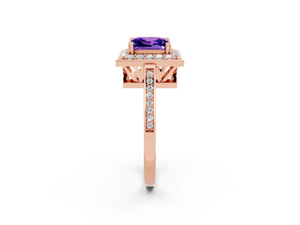 Rose gold Princess Cut Tanzanite Halo Ring with Split Shank and Four-Prong Setting