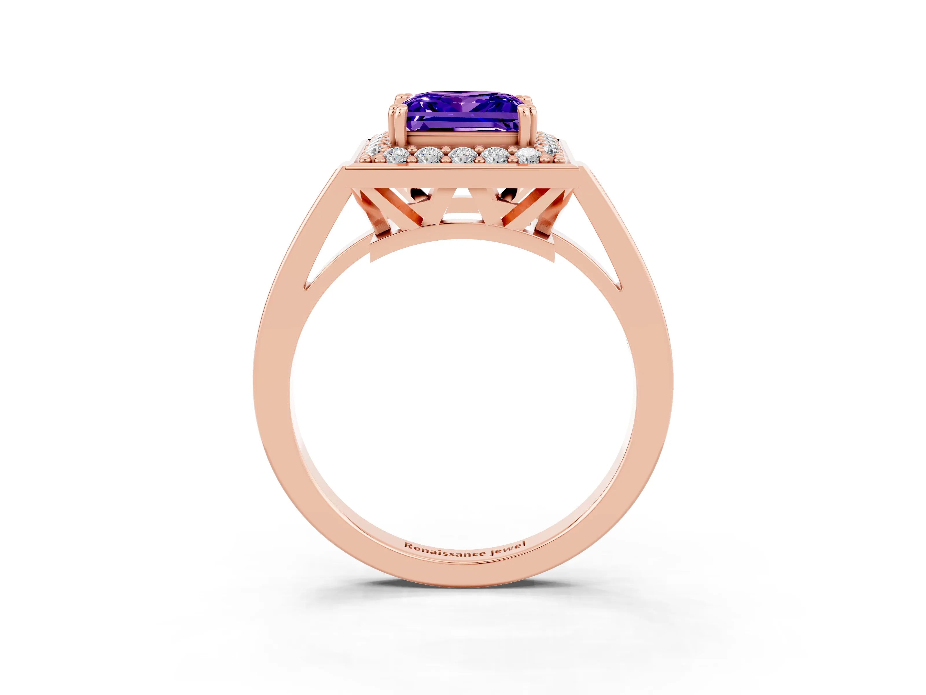 Rose gold Princess Cut Tanzanite Halo Ring with Split Shank and Four-Prong Setting_3