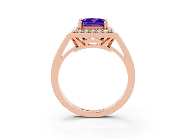 Rose gold Princess Cut Tanzanite Halo Ring with Split Shank and Four-Prong Setting