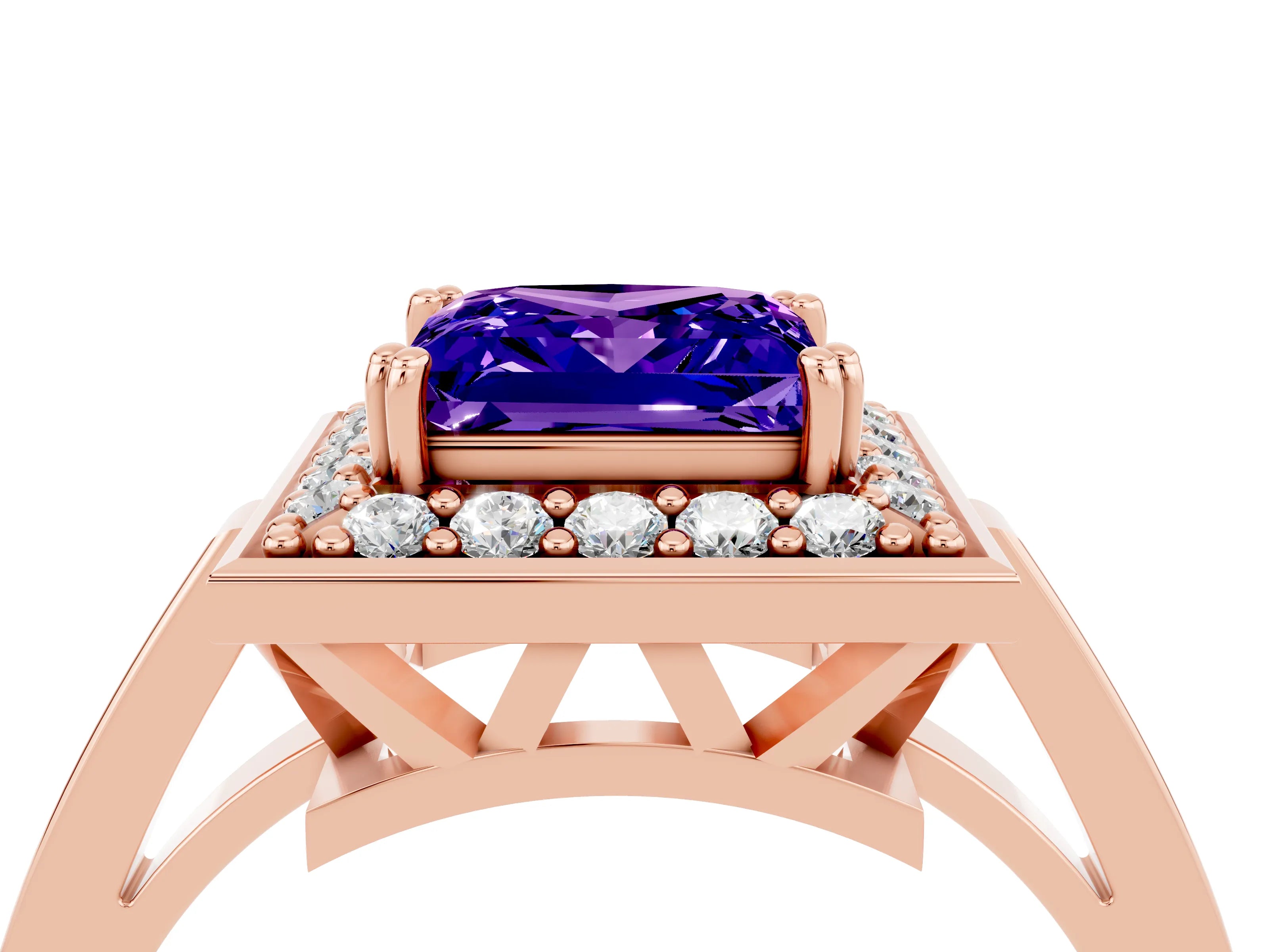 Rose gold Princess Cut Tanzanite Halo Ring with Split Shank and Four-Prong Setting_4
