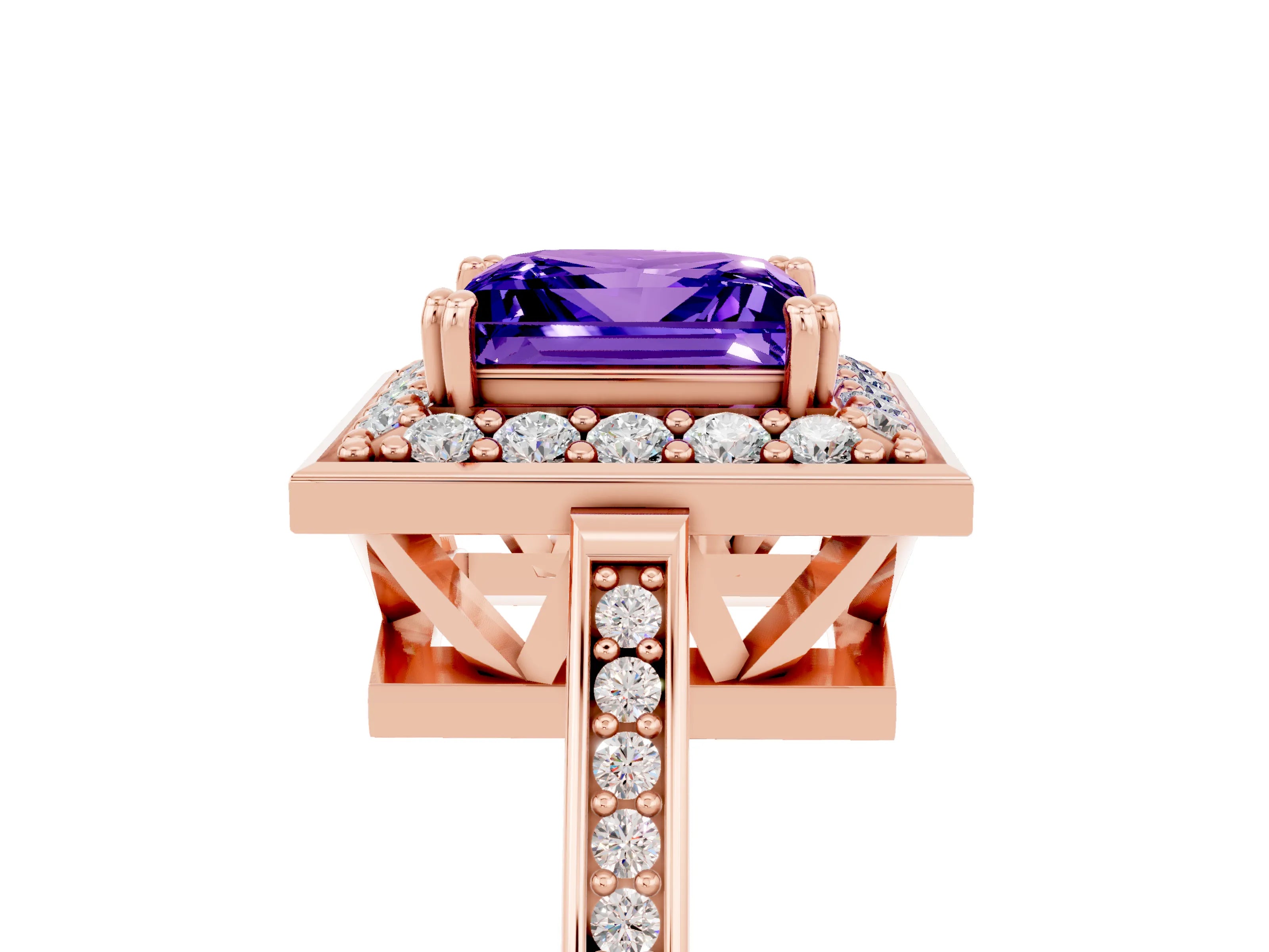 Rose gold Princess Cut Tanzanite Halo Ring with Split Shank and Four-Prong Setting_5