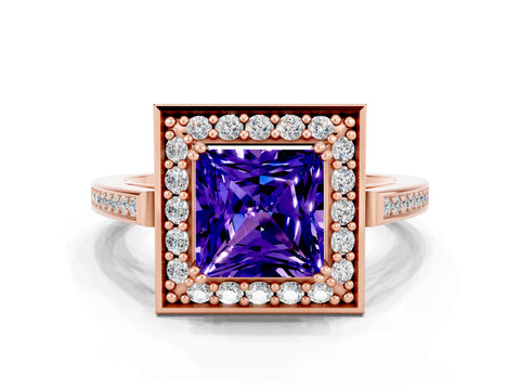 Rose gold Princess Cut Tanzanite Halo Ring with Split Shank and Four-Prong Setting