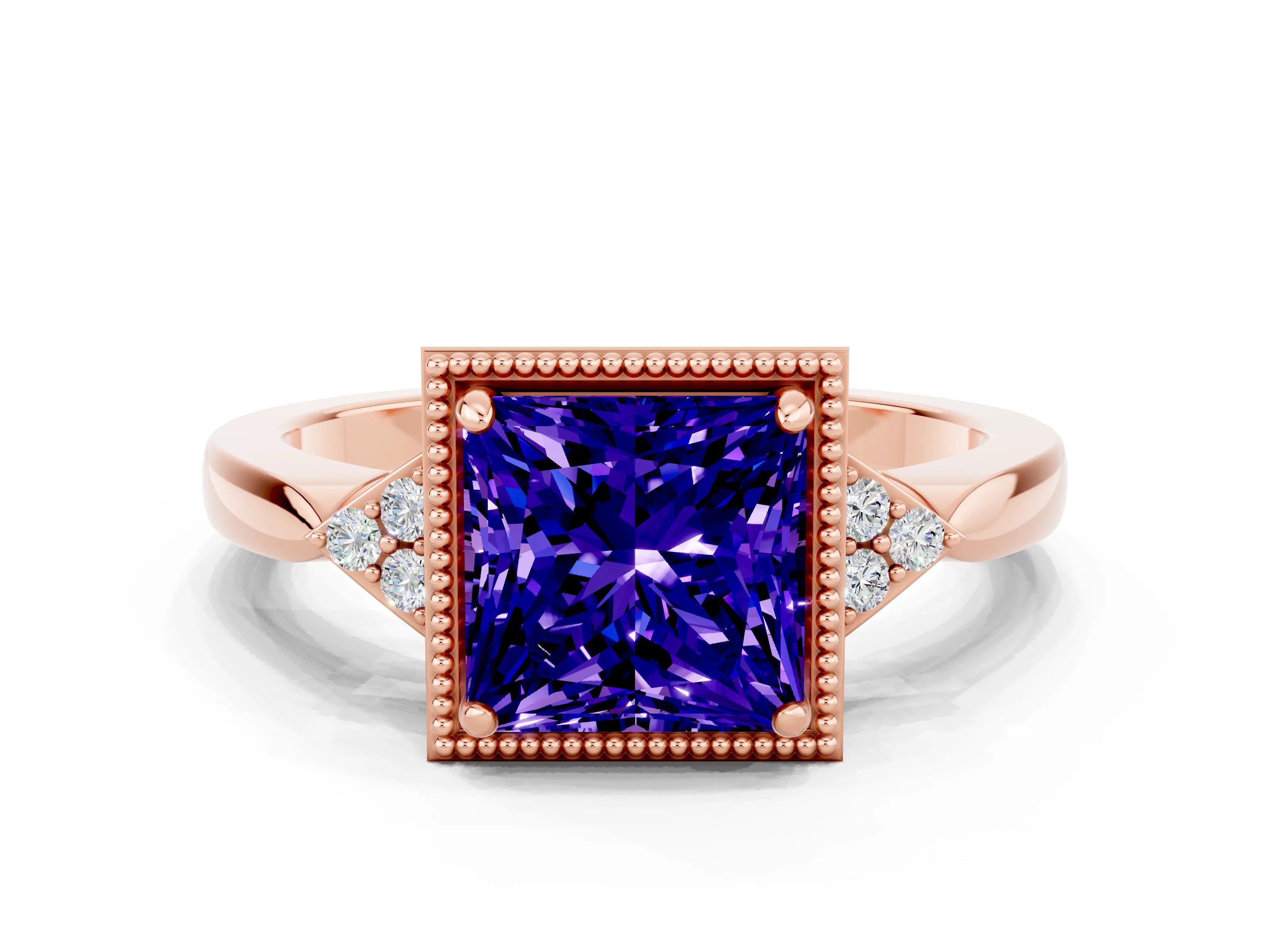 Rose gold Princess Cut Tanzanite Halo Ring with Tapered Band and Four-Prong Setting