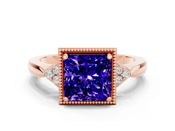 Rose gold Princess Cut Tanzanite Halo Ring with Tapered Band and Four-Prong Setting