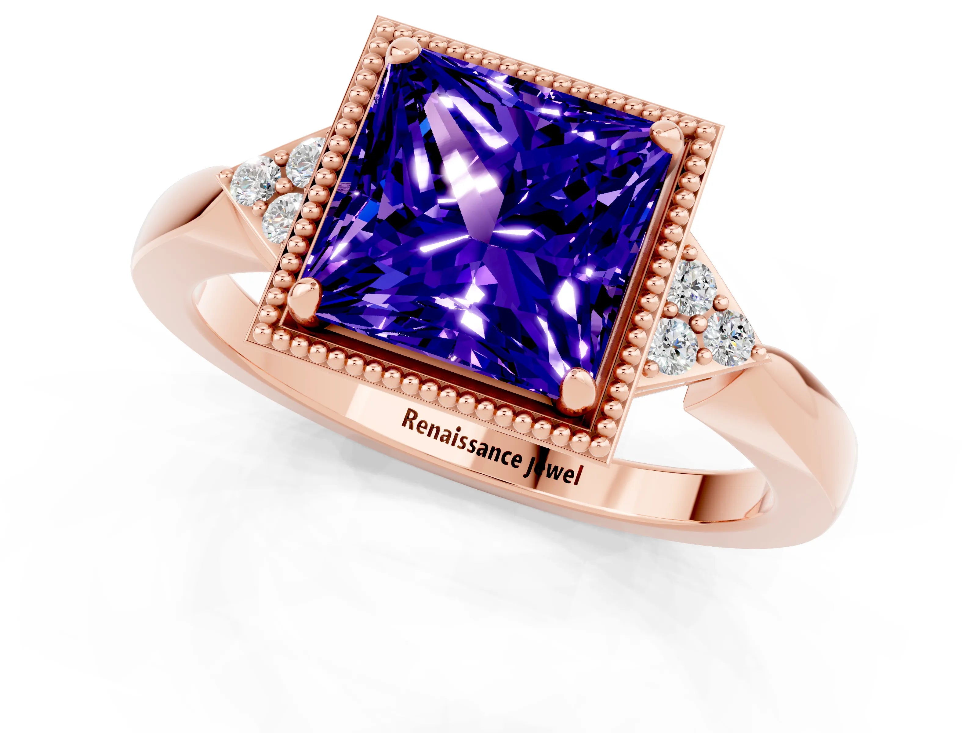 Rose gold Princess Cut Tanzanite Halo Ring with Tapered Band and Four-Prong Setting_1