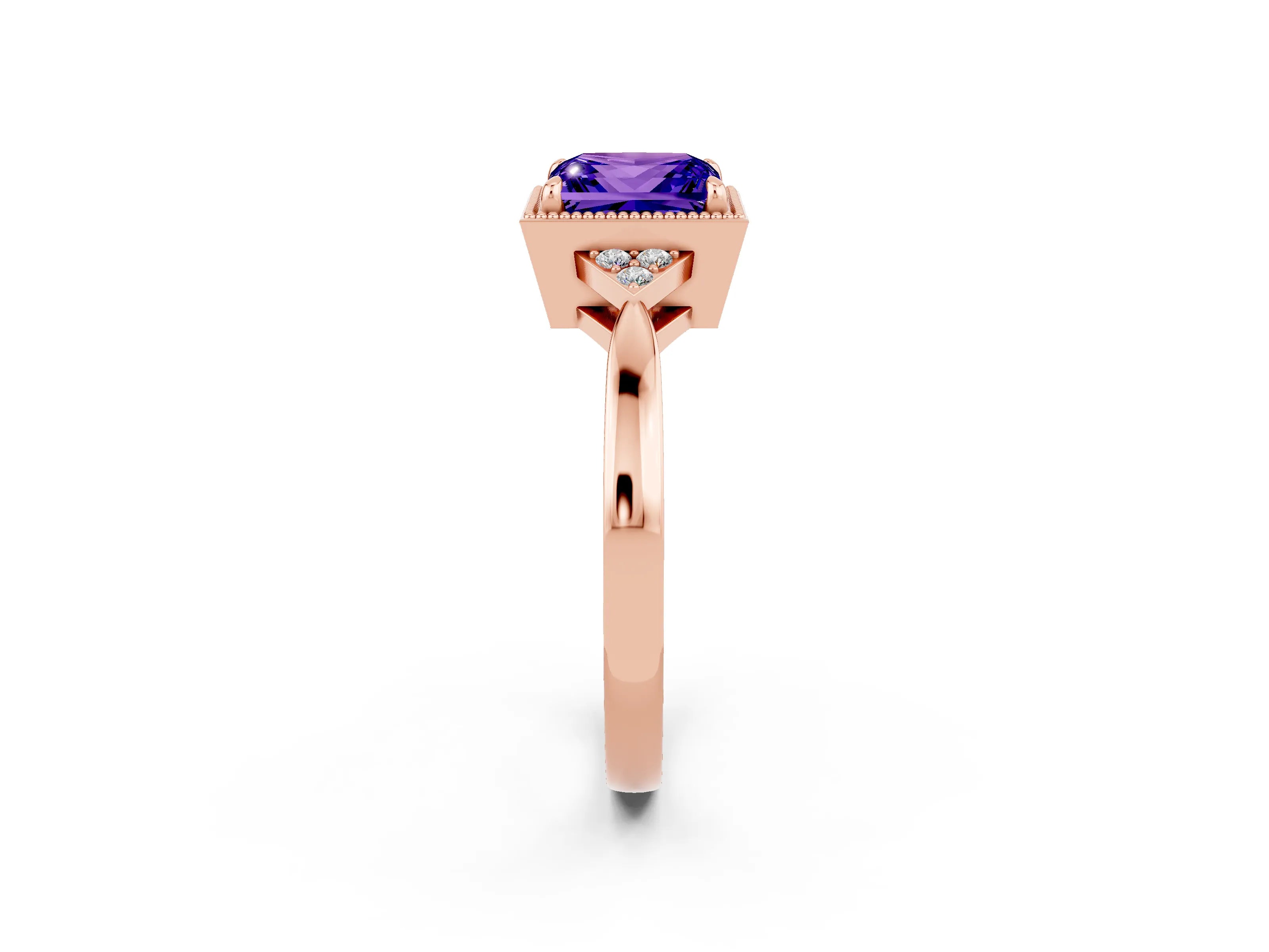 Rose gold Princess Cut Tanzanite Halo Ring with Tapered Band and Four-Prong Setting_2