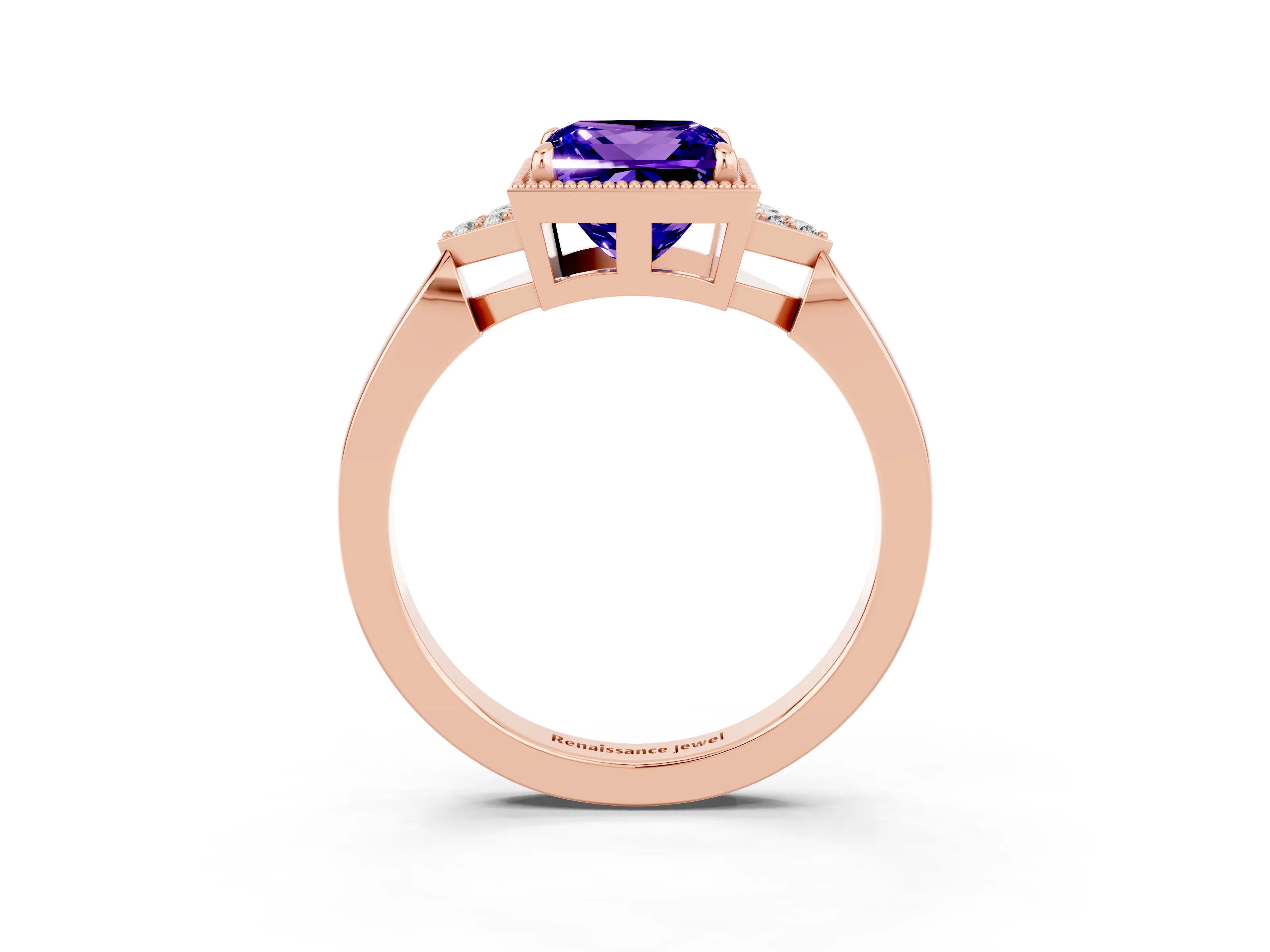 Rose gold Princess Cut Tanzanite Halo Ring with Tapered Band and Four-Prong Setting_3