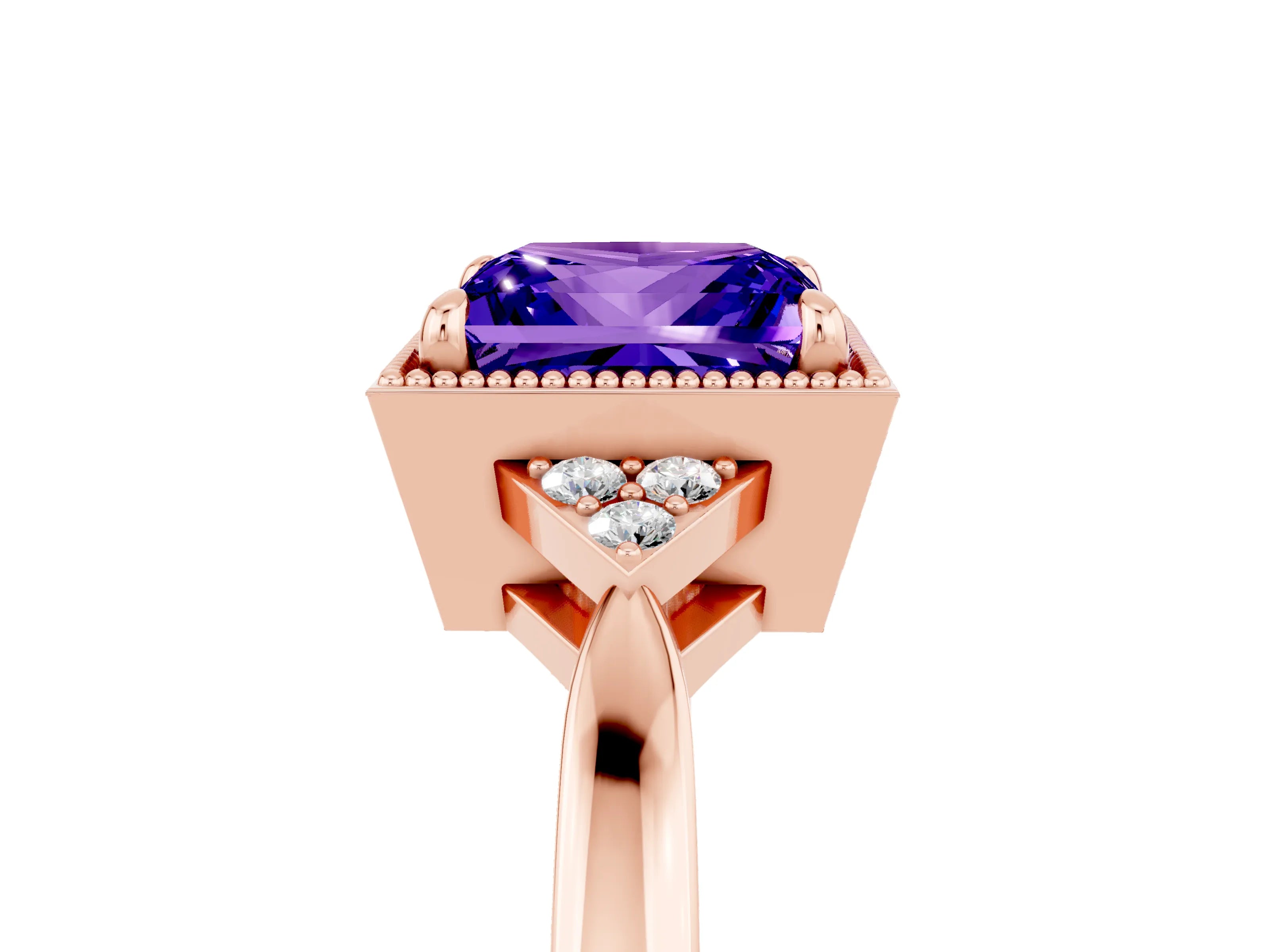 Rose gold Princess Cut Tanzanite Halo Ring with Tapered Band and Four-Prong Setting_5