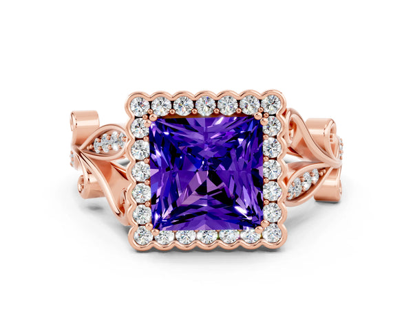 Rose gold Princess Cut Tanzanite Halo Ring with Vintage Split Shank and Four-Prong Setting