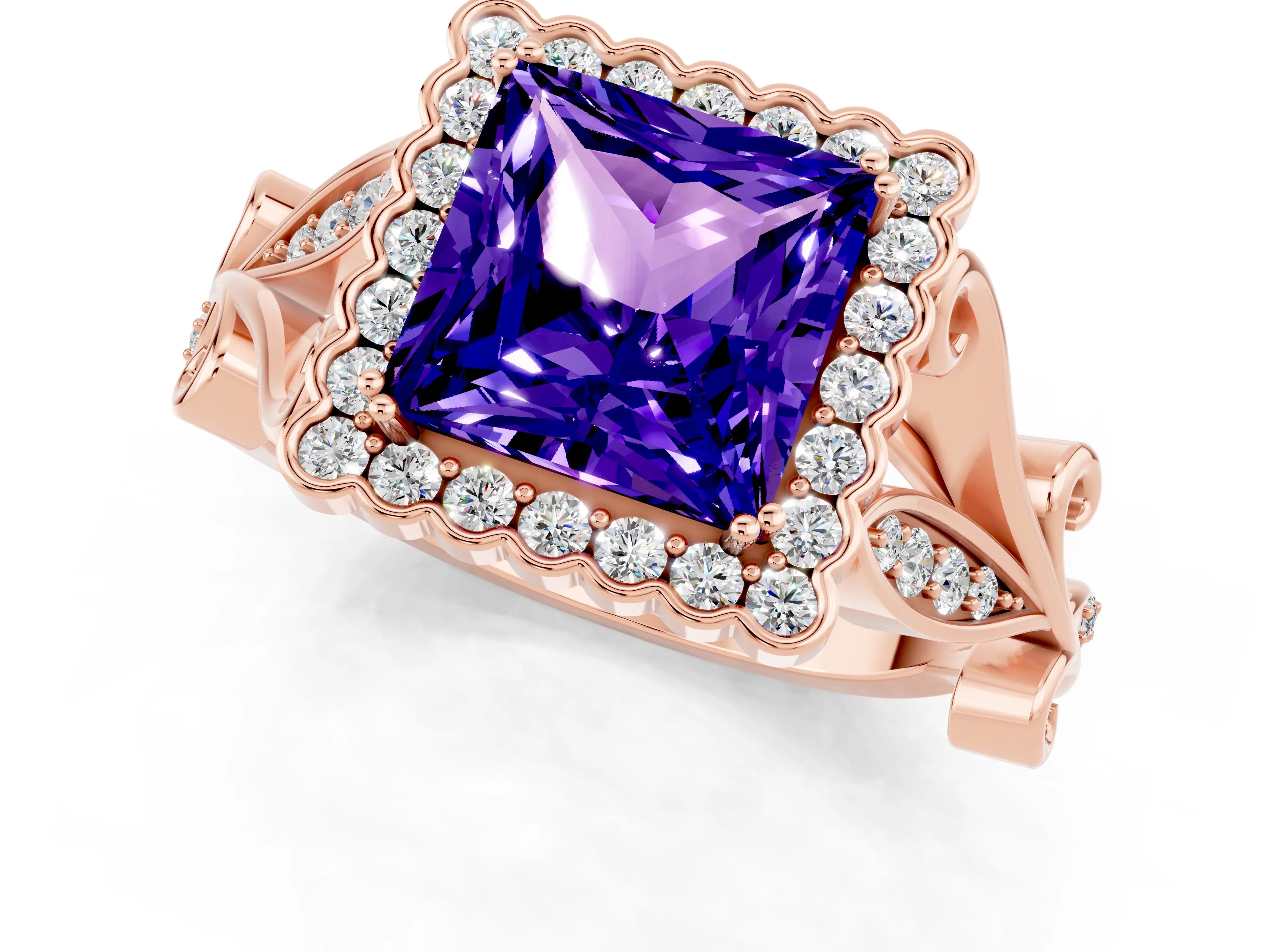 Rose gold Princess Cut Tanzanite Halo Ring with Vintage Split Shank and Four-Prong Setting_1