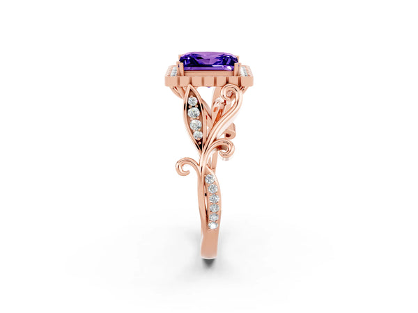 Rose gold Princess Cut Tanzanite Halo Ring with Vintage Split Shank and Four-Prong Setting