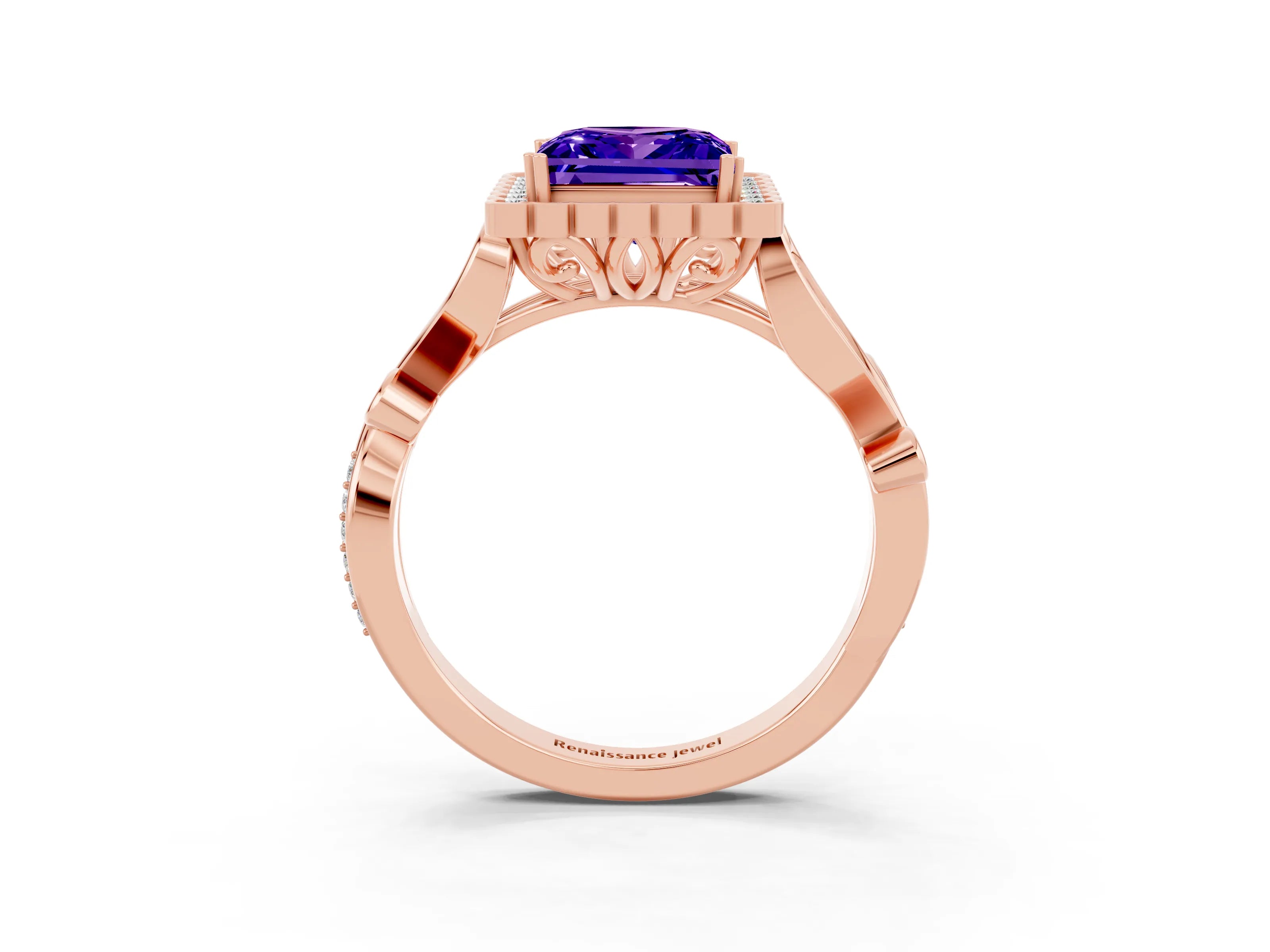 Rose gold Princess Cut Tanzanite Halo Ring with Vintage Split Shank and Four-Prong Setting_3