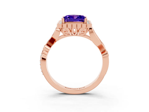 Rose gold Princess Cut Tanzanite Halo Ring with Vintage Split Shank and Four-Prong Setting_3