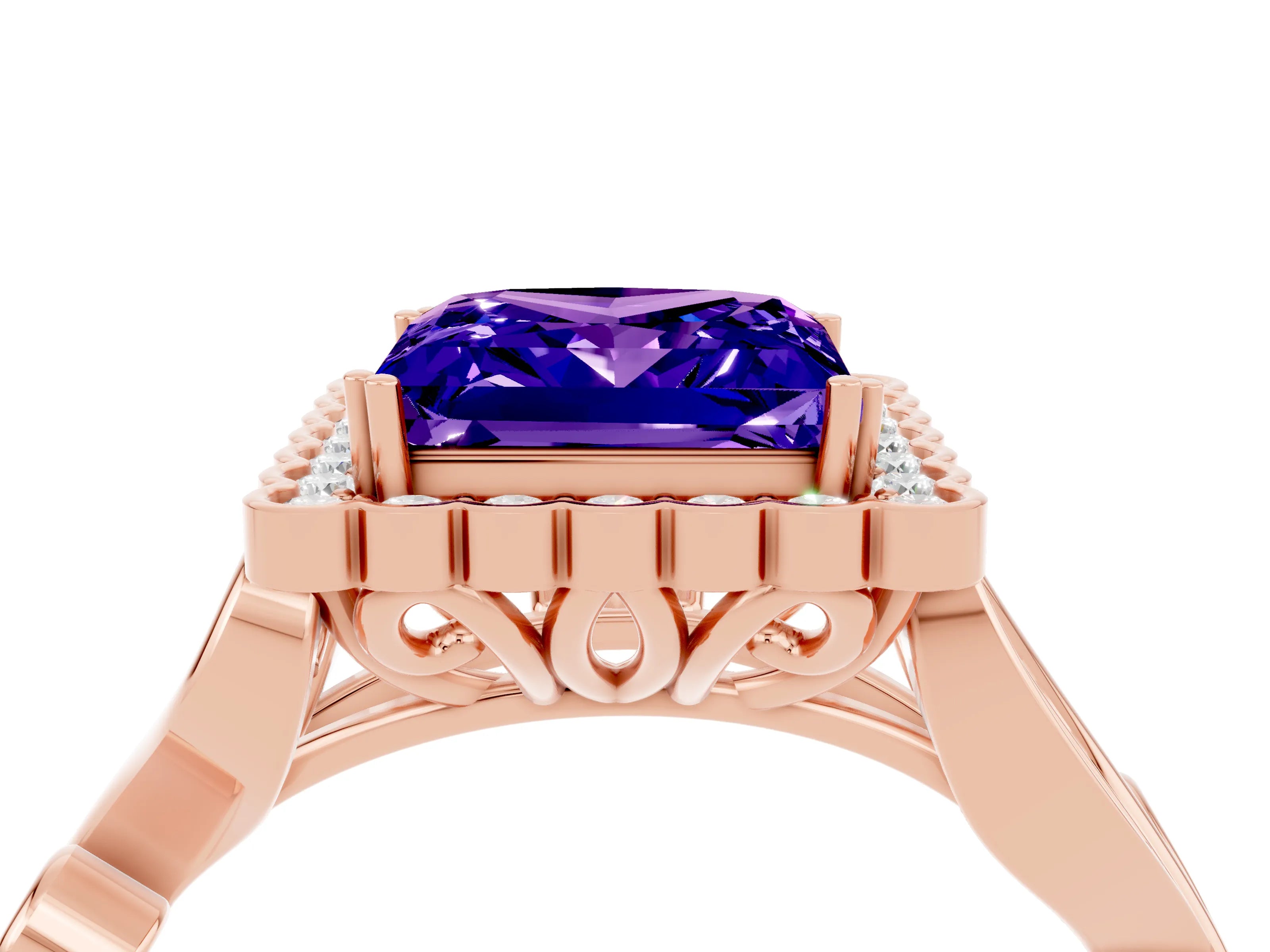 Rose gold Princess Cut Tanzanite Halo Ring with Vintage Split Shank and Four-Prong Setting_4