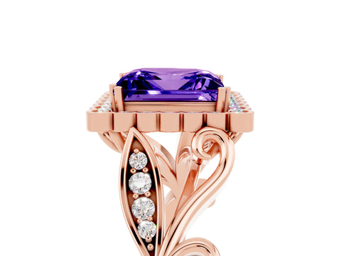 Rose gold Princess Cut Tanzanite Halo Ring with Vintage Split Shank and Four-Prong Setting_5