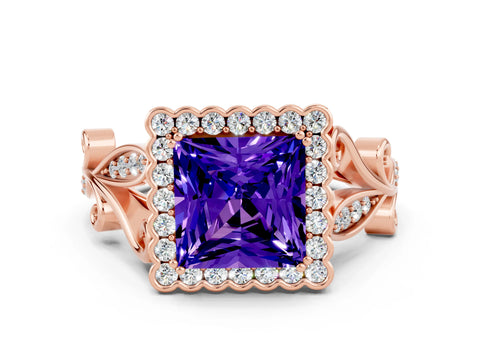 Rose gold Princess Cut Tanzanite Halo Ring with Vintage Split Shank and Four-Prong Setting