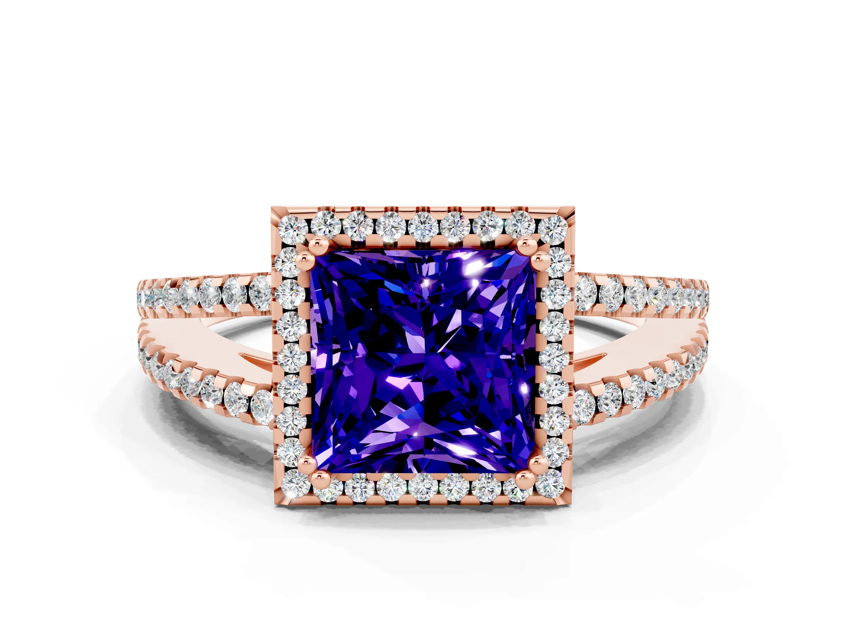 Rose gold Princess Cut Tanzanite Halo Split Shank Engagement Ring_12