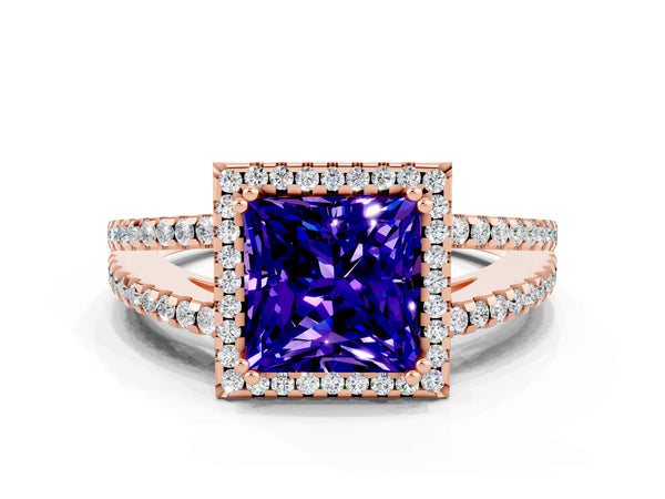 Rose gold Princess Cut Tanzanite Halo Split Shank Engagement Ring