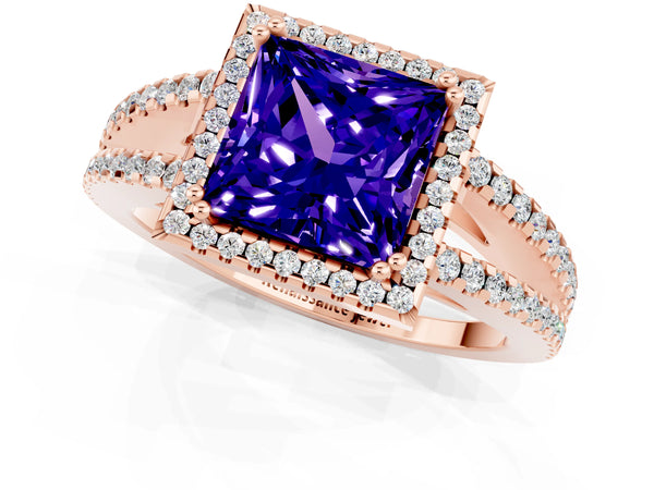 Rose gold Princess Cut Tanzanite Halo Split Shank Engagement Ring