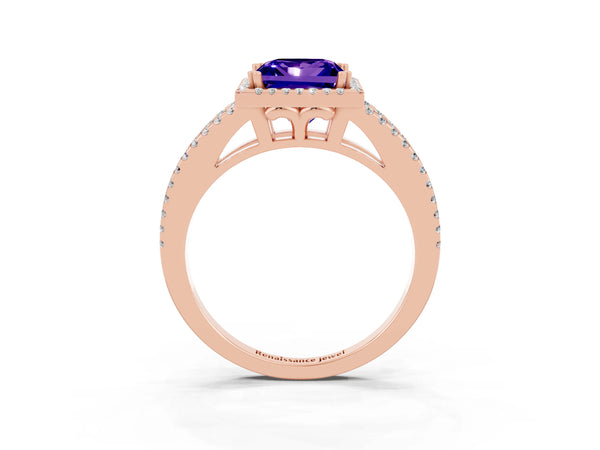 Rose gold Princess Cut Tanzanite Halo Split Shank Engagement Ring