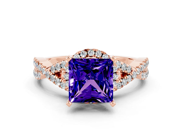 Rose gold Princess Cut Tanzanite  Halo Twist Band Solitaire Prong Setting Ring