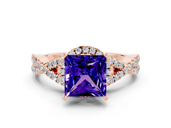 Rose gold Princess Cut Tanzanite  Halo Twist Band Solitaire Prong Setting Ring