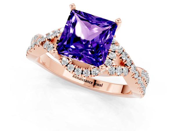 Rose gold Princess Cut Tanzanite  Halo Twist Band Solitaire Prong Setting Ring