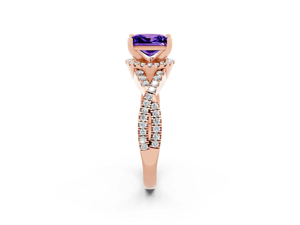 Rose gold Princess Cut Tanzanite  Halo Twist Band Solitaire Prong Setting Ring