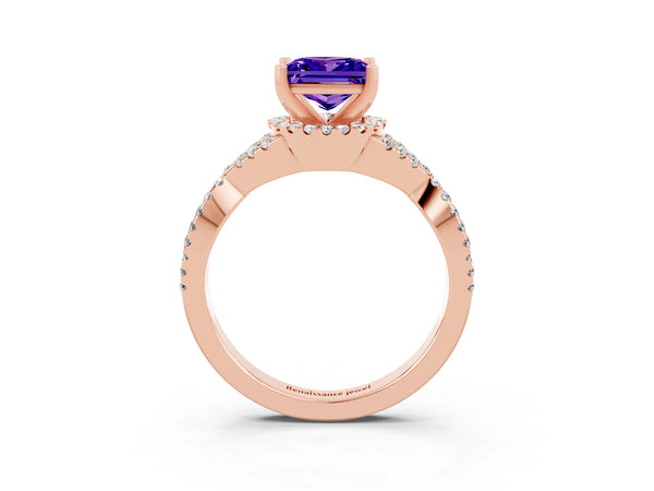 Rose gold Princess Cut Tanzanite  Halo Twist Band Solitaire Prong Setting Ring
