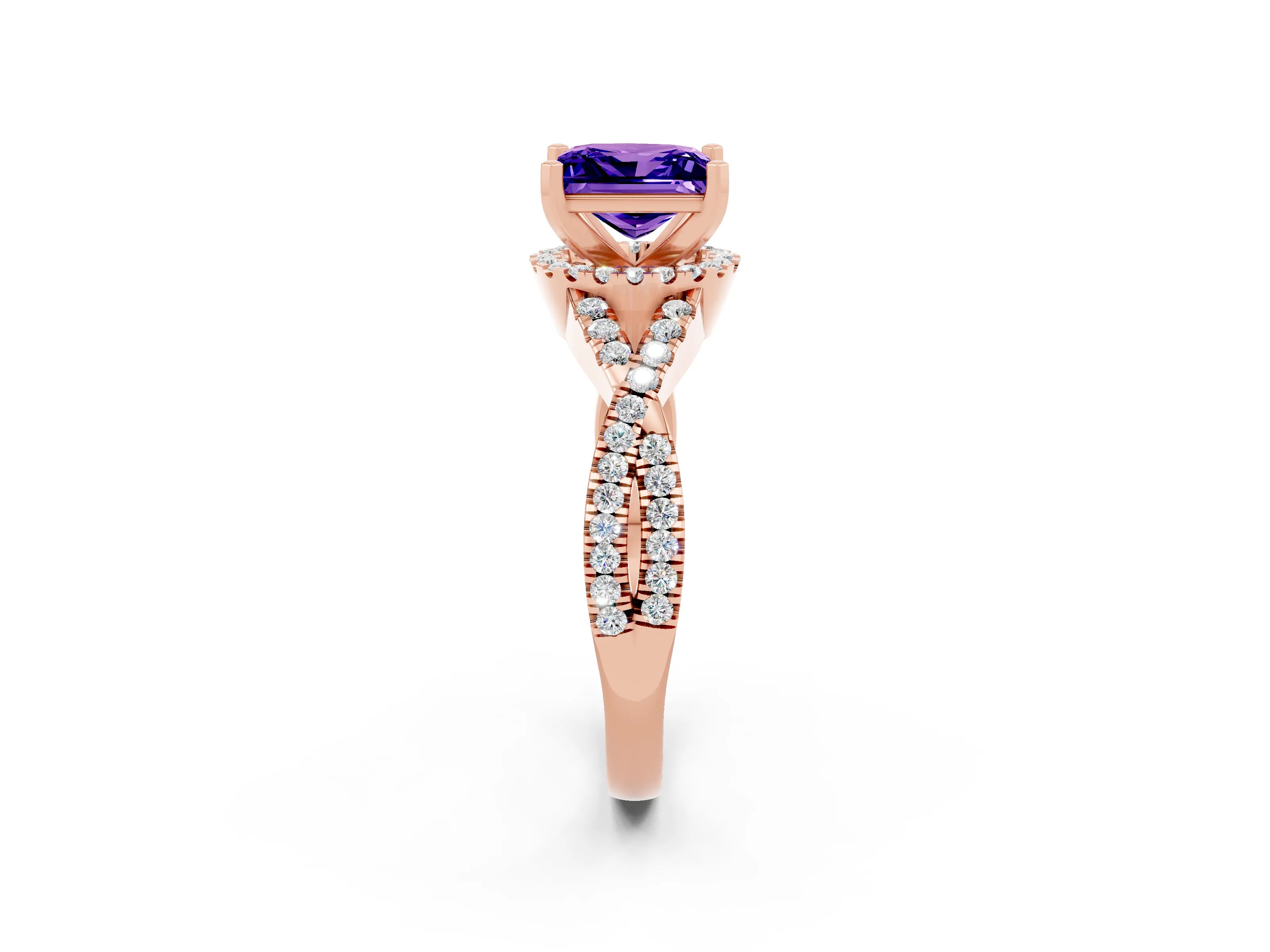 Rose gold Princess Cut Tanzanite Halo Twist Band Solitaire Prong Setting Ring_2