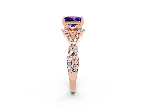Rose gold Princess Cut Tanzanite  Halo Twist Band Solitaire Prong Setting Ring