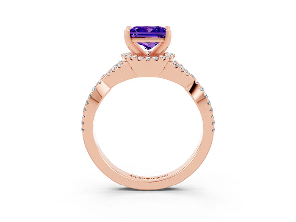 Rose gold Princess Cut Tanzanite  Halo Twist Band Solitaire Prong Setting Ring