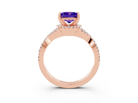 Rose gold Princess Cut Tanzanite Halo Twist Band Solitaire Prong Setting Ring_3
