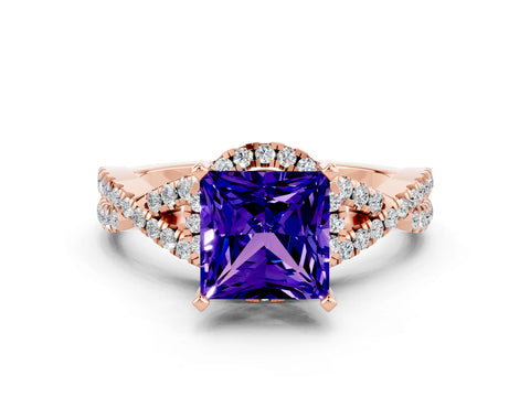 Rose gold Princess Cut Tanzanite Halo Twist Band Solitaire Prong Setting Ring
