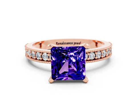 Rose gold Princess Cut Tanzanite Milgrain Pavé Engagement Ring with Four-Prong Setting_12