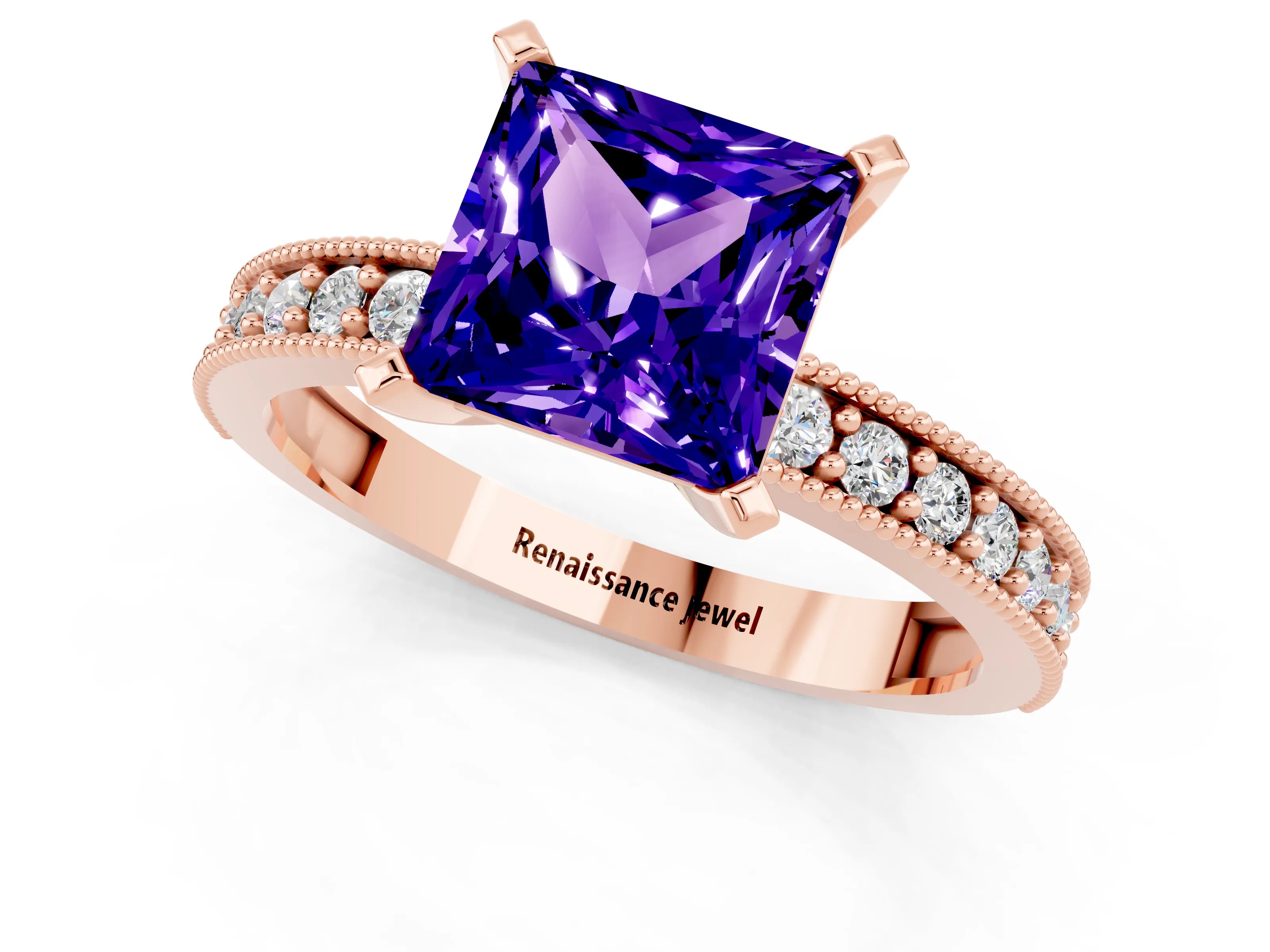 Rose gold Princess Cut Tanzanite Milgrain Pavé Engagement Ring with Four-Prong Setting_13