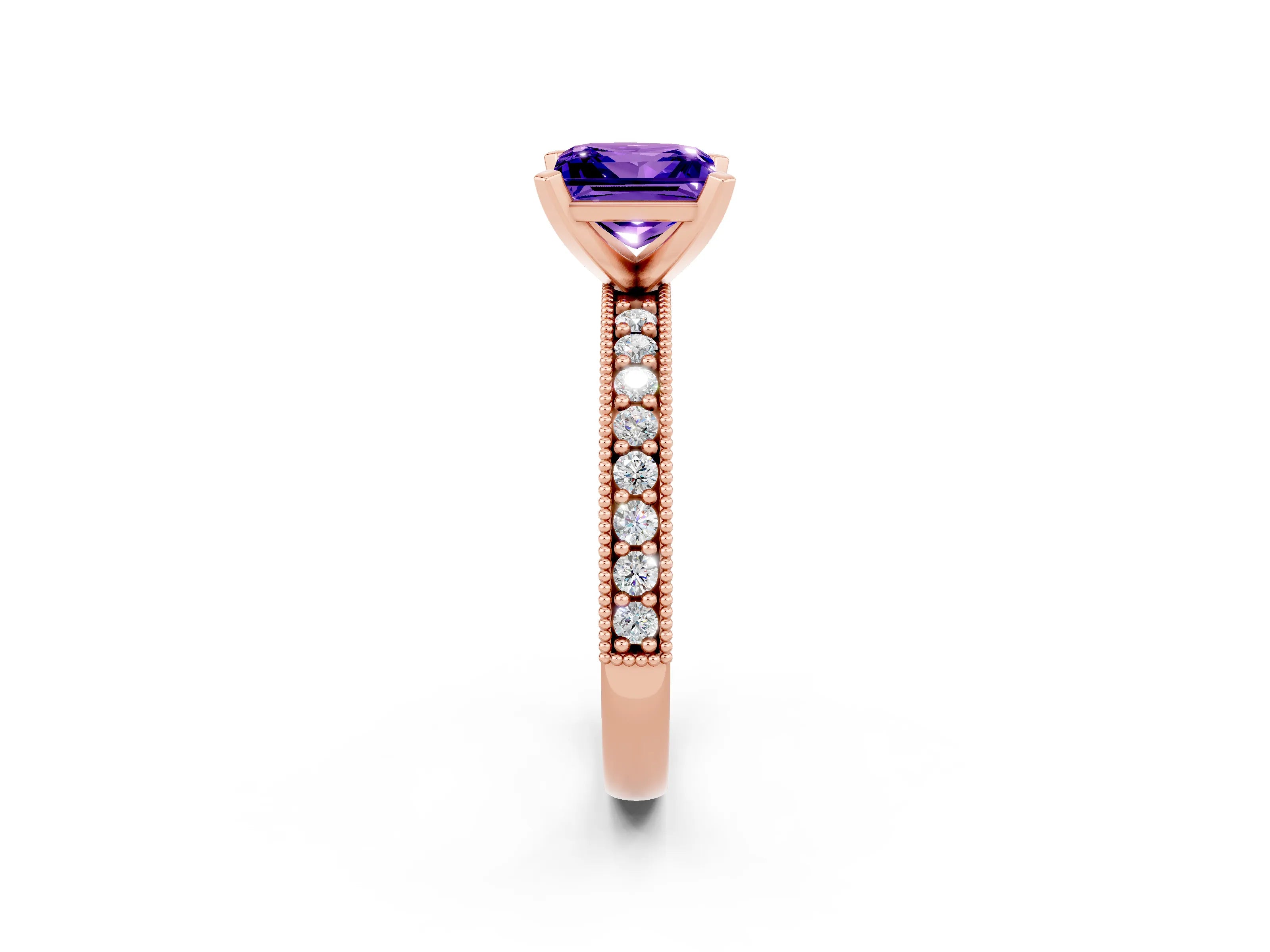 Rose gold Princess Cut Tanzanite Milgrain Pavé Engagement Ring with Four-Prong Setting_14