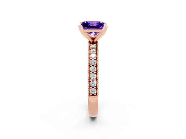Rose gold Princess Cut Tanzanite Milgrain Pavé Engagement Ring with Four-Prong Setting