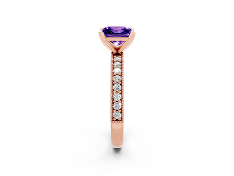 Rose gold Princess Cut Tanzanite Milgrain Pavé Engagement Ring with Four-Prong Setting_14