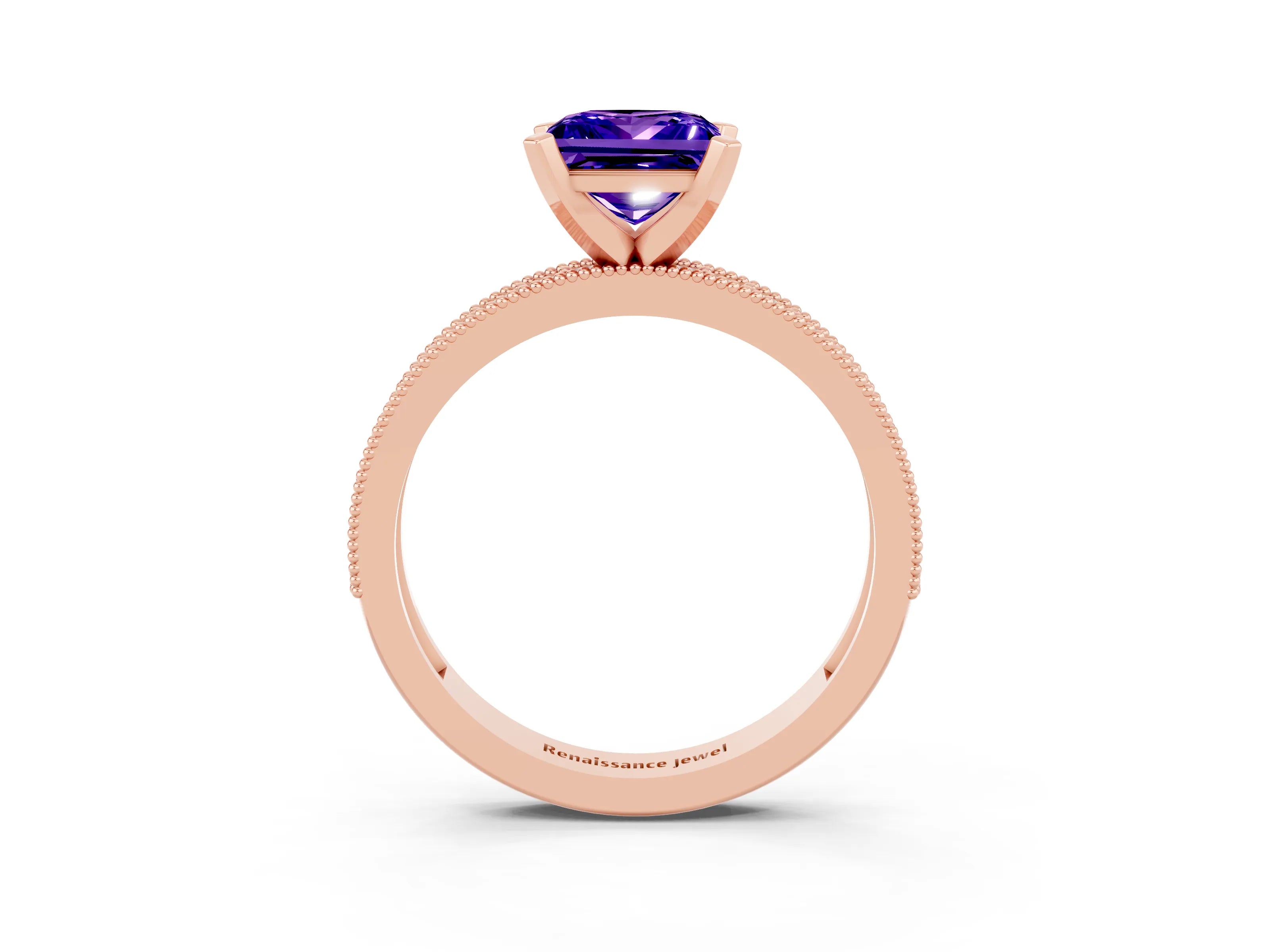 Rose gold Princess Cut Tanzanite Milgrain Pavé Engagement Ring with Four-Prong Setting_15