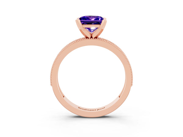 Rose gold Princess Cut Tanzanite Milgrain Pavé Engagement Ring with Four-Prong Setting