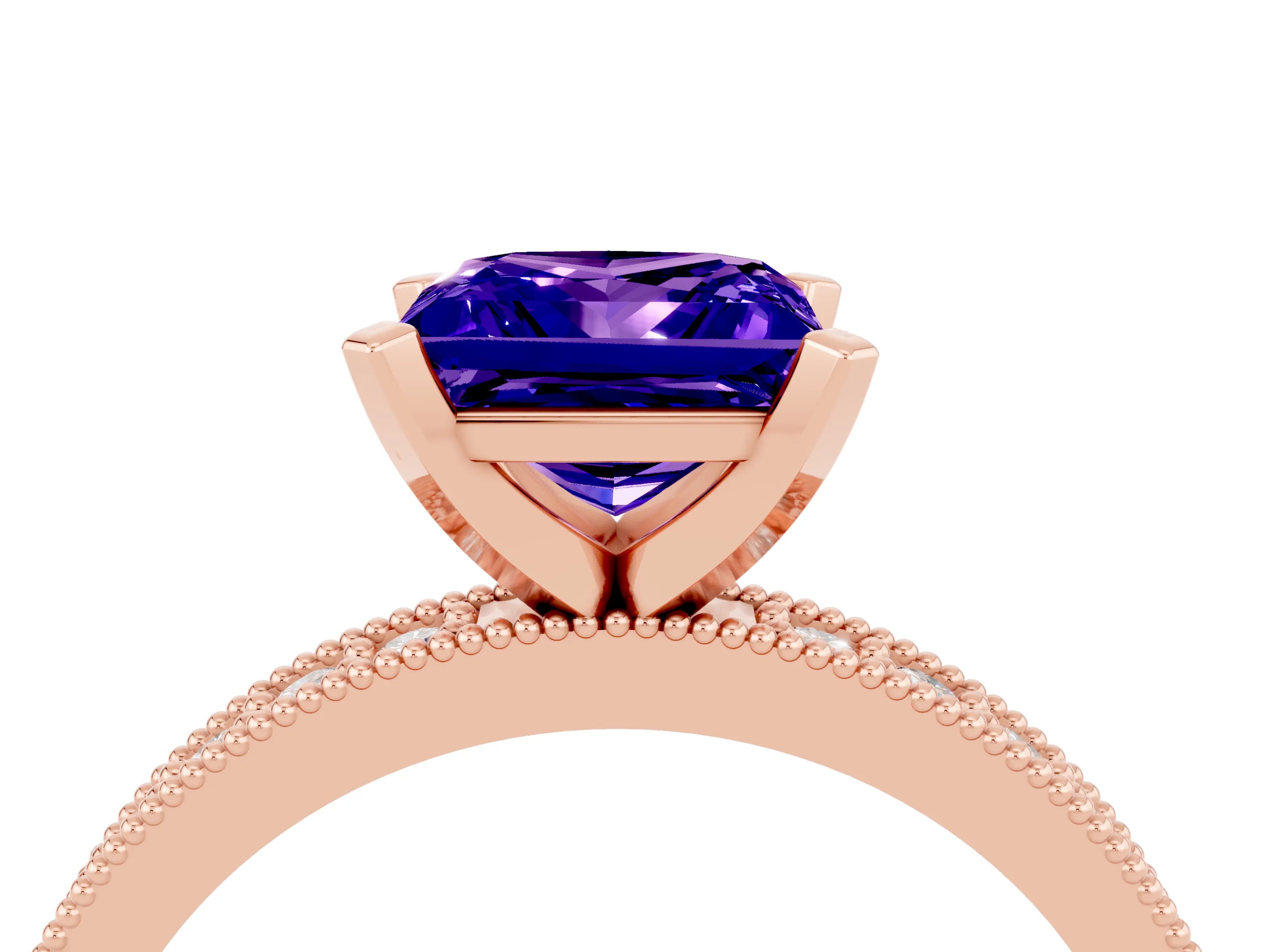 Rose gold Princess Cut Tanzanite Milgrain Pavé Engagement Ring with Four-Prong Setting_16